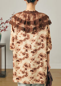 Modern Brown Peter Pan Collar Tie Dye Chiffon Shirts Spring