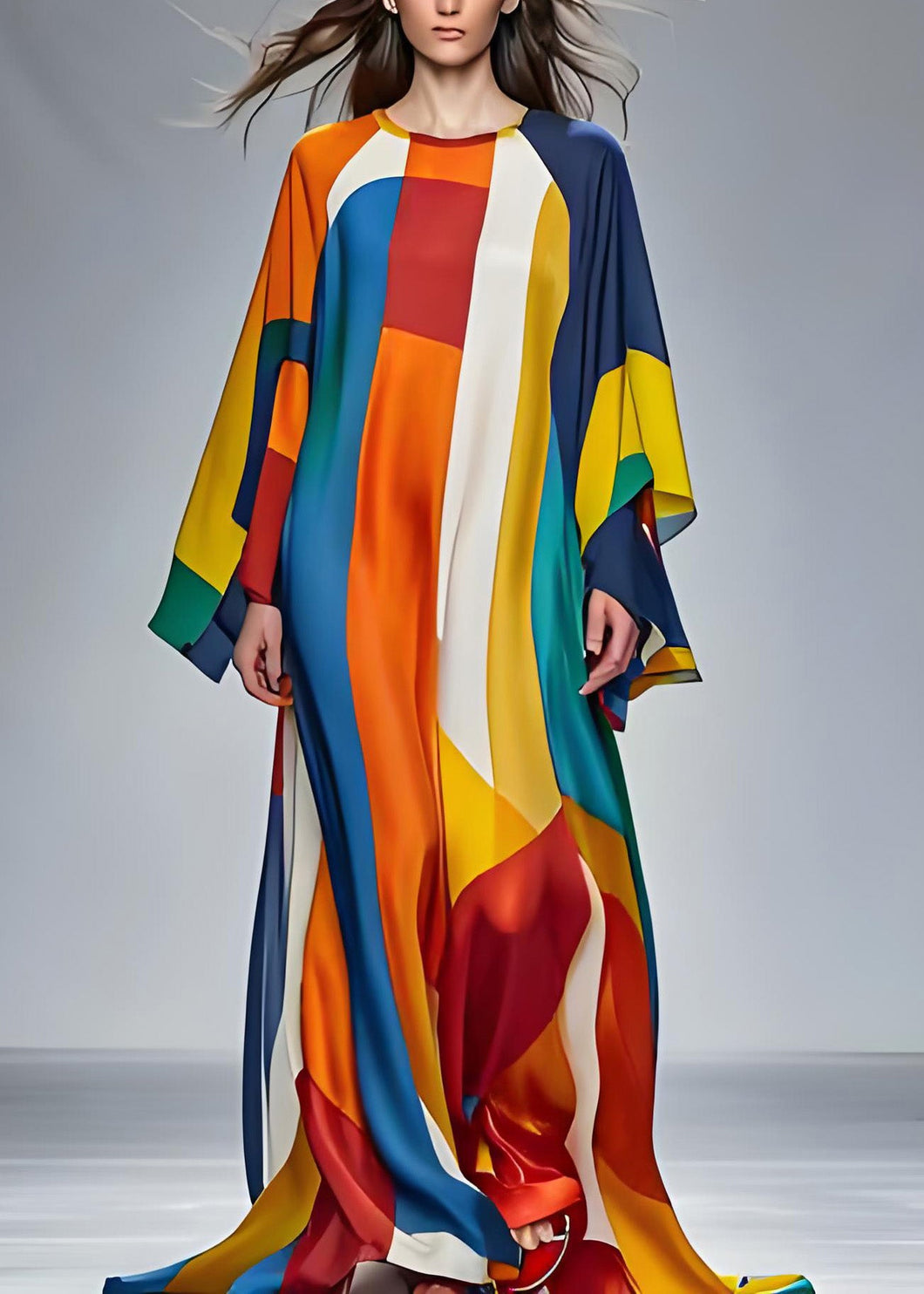 Modern Colorblock O Neck Silk Holiday Maxi Dress Long Sleeve