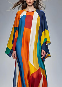 Modern Colorblock O Neck Silk Holiday Maxi Dress Long Sleeve