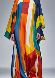 Modern Colorblock O Neck Silk Holiday Maxi Dress Long Sleeve