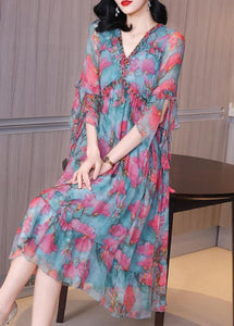 Modern Colorblock V Neck Ruffled Patchwork Print Silk Dress Half Sleeve