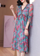 Load image into Gallery viewer, Modern Colorblock V Neck Ruffled Patchwork Print Silk Dress Half Sleeve