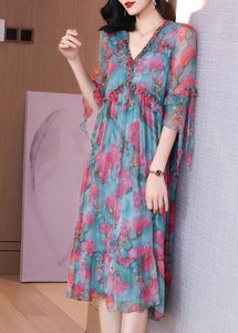 Modern Colorblock V Neck Ruffled Patchwork Print Silk Dress Half Sleeve