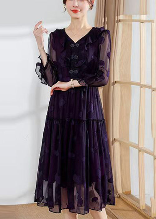 Modern Dull Purple Ruffled Jacquard Chiffon Dresses Summer