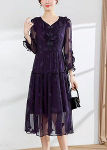 Modern Dull Purple Ruffled Jacquard Chiffon Dresses Summer