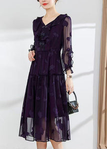 Modern Dull Purple Ruffled Jacquard Chiffon Dresses Summer