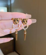 Load image into Gallery viewer, Modern Gold Metal Overgild Zircon Leopard Head Cone Tassel Drop Earrings