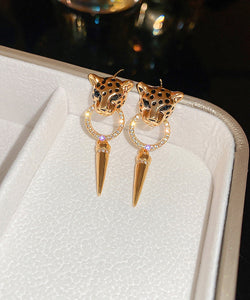 Modern Gold Metal Overgild Zircon Leopard Head Cone Tassel Drop Earrings