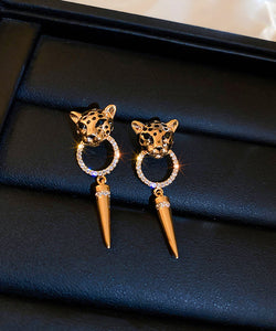 Modern Gold Metal Overgild Zircon Leopard Head Cone Tassel Drop Earrings