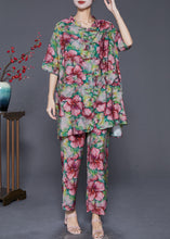 Load image into Gallery viewer, Modern Green Floral Print Chinese Button Linen Two Pieces Set Summer