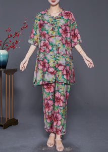 Modern Green Floral Print Chinese Button Linen Two Pieces Set Summer