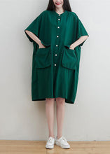 Load image into Gallery viewer, Modern Green Oversized Pockets Linen Maxi Dress Short Sleeve