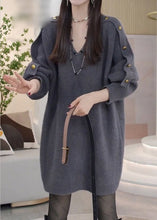 Load image into Gallery viewer, Modern Grey V Neck Metal buttons Knit Sweater Dress Spring