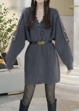 Load image into Gallery viewer, Modern Grey V Neck Metal buttons Knit Sweater Dress Spring