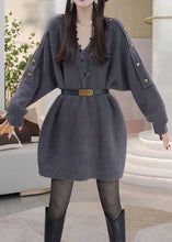 Load image into Gallery viewer, Modern Grey V Neck Metal buttons Knit Sweater Dress Spring