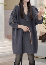 Load image into Gallery viewer, Modern Grey V Neck Metal buttons Knit Sweater Dress Spring