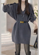 Load image into Gallery viewer, Modern Grey V Neck Metal buttons Knit Sweater Dress Spring