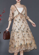 Load image into Gallery viewer, Modern Khaki Ruffled Embroidered Silk Dress Summer