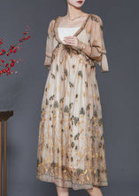 Load image into Gallery viewer, Modern Khaki Ruffled Embroidered Silk Dress Summer