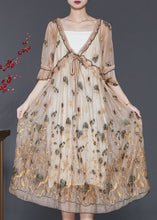 Load image into Gallery viewer, Modern Khaki Ruffled Embroidered Silk Dress Summer