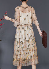 Load image into Gallery viewer, Modern Khaki Ruffled Embroidered Silk Dress Summer