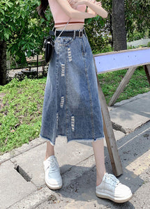 Modern Light Blue Patchwork Ripped A Line Denim Skirt