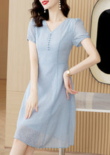 Load image into Gallery viewer, Modern Light Blue V Neck Tulle Mid Dress Short Sleeve