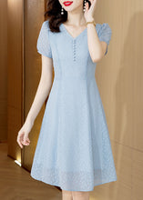 Load image into Gallery viewer, Modern Light Blue V Neck Tulle Mid Dress Short Sleeve