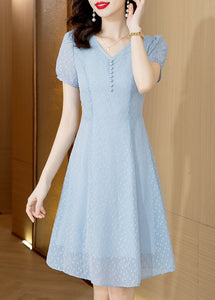 Modern Light Blue V Neck Tulle Mid Dress Short Sleeve