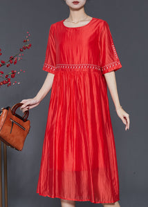 Modern Orange Embroidered Linen Silk Dress Summer