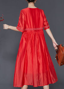 Modern Orange Embroidered Linen Silk Dress Summer