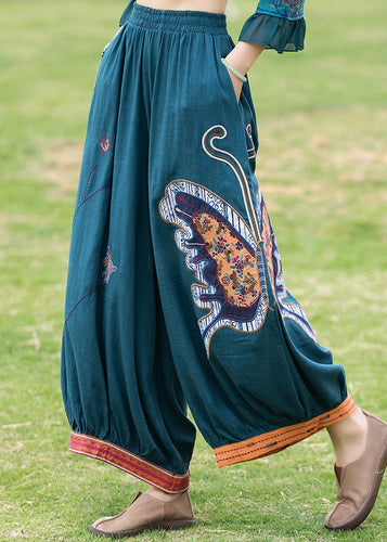 Modern Peacock Blue Patchwork Linen Wide Leg Pants