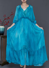 Load image into Gallery viewer, Modern Peacock Blue Ruffled Patchwork Chiffon Maxi Dress Spring