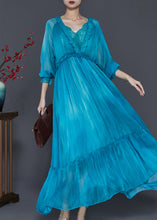 Load image into Gallery viewer, Modern Peacock Blue Ruffled Patchwork Chiffon Maxi Dress Spring