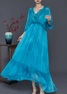 Modern Peacock Blue Ruffled Patchwork Chiffon Maxi Dress Spring