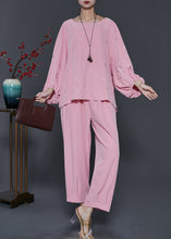 Load image into Gallery viewer, Modern Pink Embroidered Linen Silk Two Pieces Set Lantern Sleeve