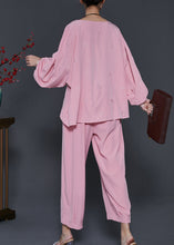 Load image into Gallery viewer, Modern Pink Embroidered Linen Silk Two Pieces Set Lantern Sleeve