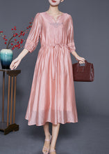 Load image into Gallery viewer, Modern Pink Embroidered Cinched Silk Holiday Dress Summer