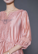 Load image into Gallery viewer, Modern Pink Embroidered Cinched Silk Holiday Dress Summer