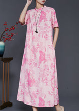 Load image into Gallery viewer, Modern Pink Mandarin Collar Print Silk Vacation Dresses Summer