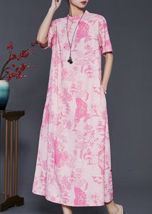 Modern Pink Mandarin Collar Print Silk Vacation Dresses Summer