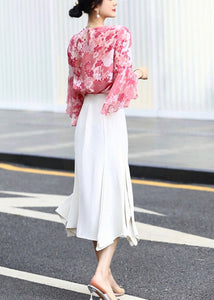 Modern Pink Print Chiffon Shirts Tops Flare Sleeve