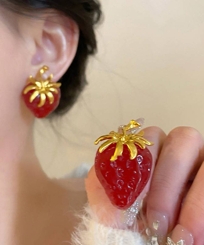 Modern Red Sterling Silver Overgild Strawberries Crystal Stud Earrings