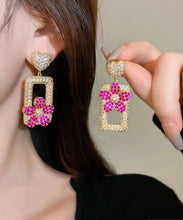 Load image into Gallery viewer, Modern Rose Sterling Silver Overgild Zircon Love Floral Rectangular Shape Drop Earrings