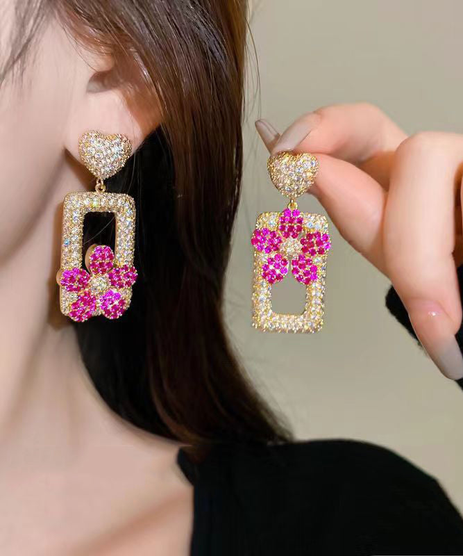 Modern Rose Sterling Silver Overgild Zircon Love Floral Rectangular Shape Drop Earrings