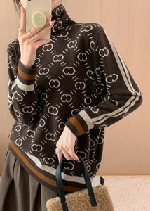 Modern Turtleneck Coffe Thick Striped Woolen Knit Pullover Fall