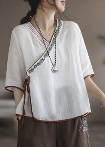 Modern White Embroidered Patchwork Linen Blouse Top Summer