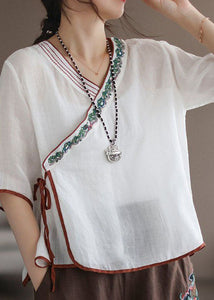 Modern White Embroidered Patchwork Linen Blouse Top Summer