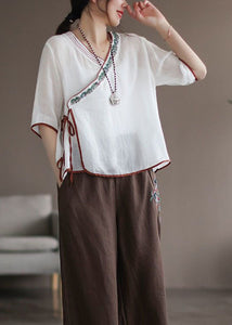 Modern White Embroidered Patchwork Linen Blouse Top Summer