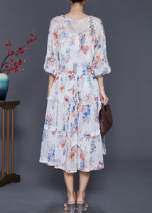 Modern White Print Exra Large Hem Chiffon Long Dresses Spring